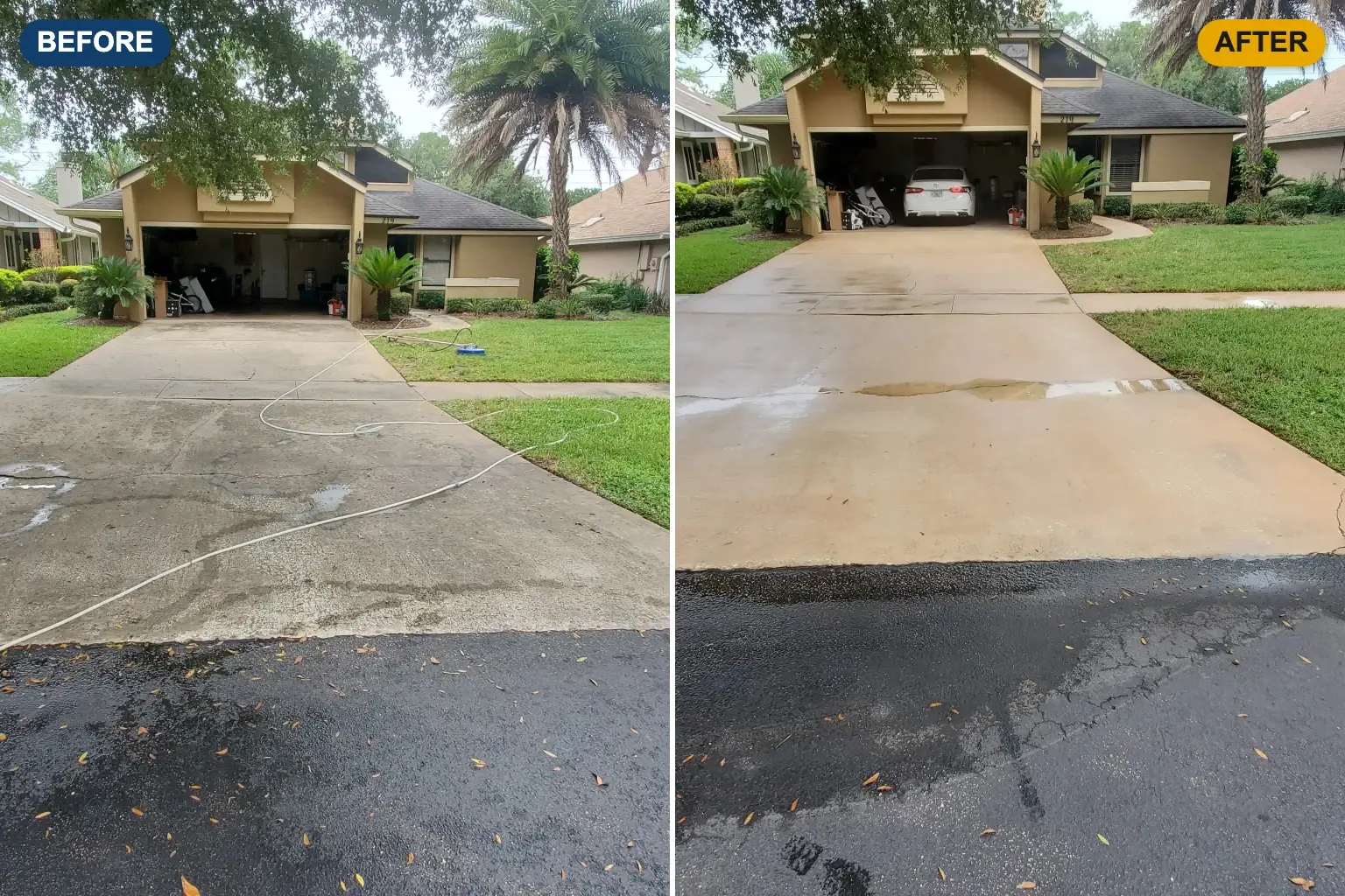 Driveway before and after pressure washing in Sorrento, FL