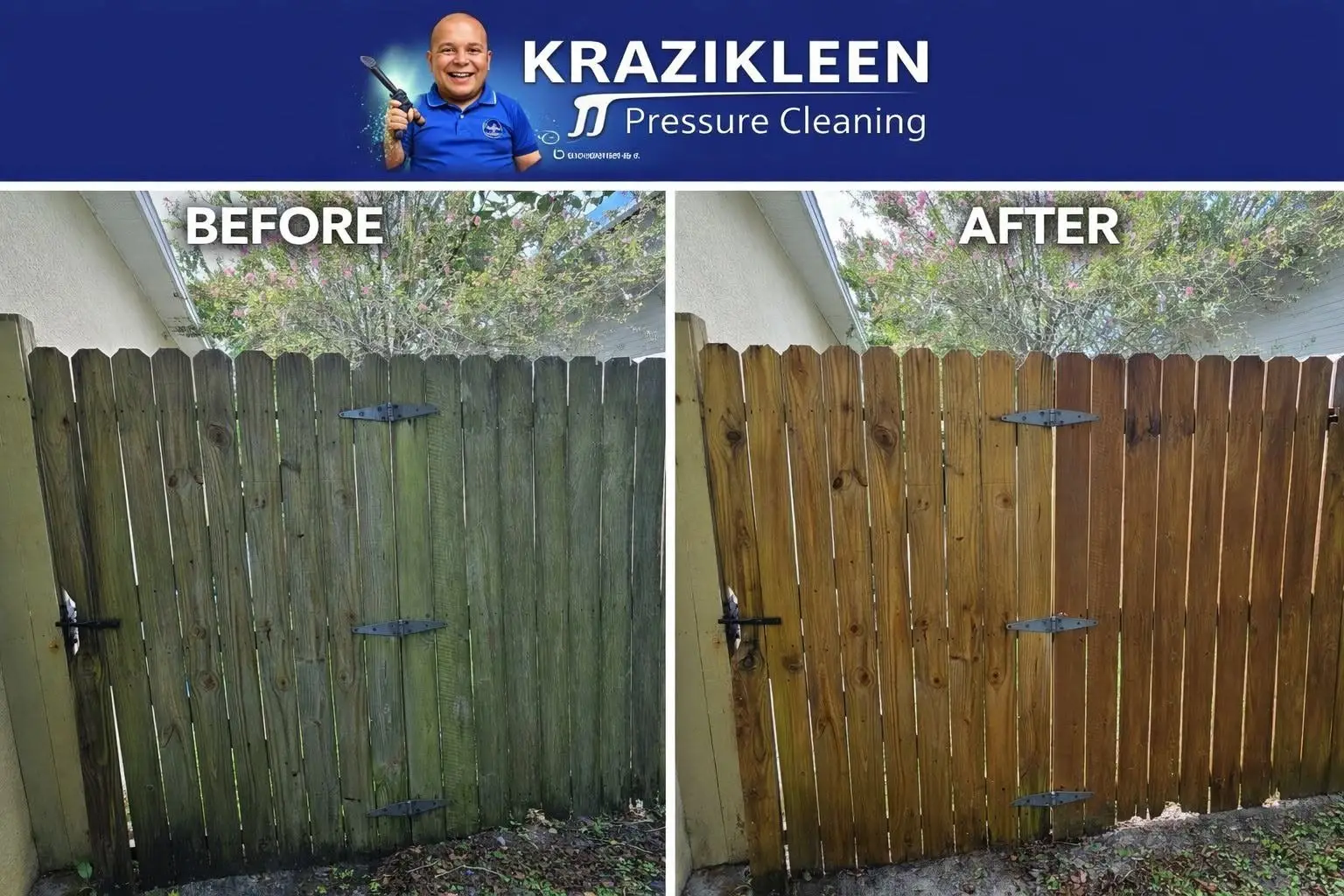 Wood fence before and after soft washing by KraziKleen