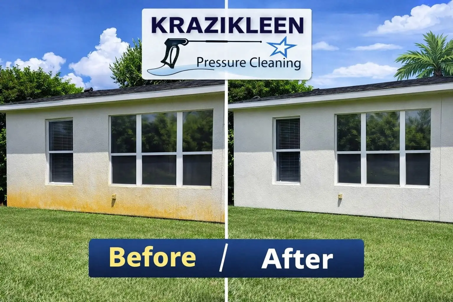 House exterior before and after rust and hard water stain removal